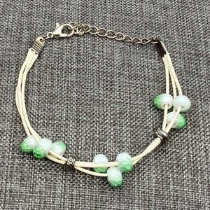 Pale Green Bracelet 7 In Creamy White Cord Silver Flower Translucent Faceted